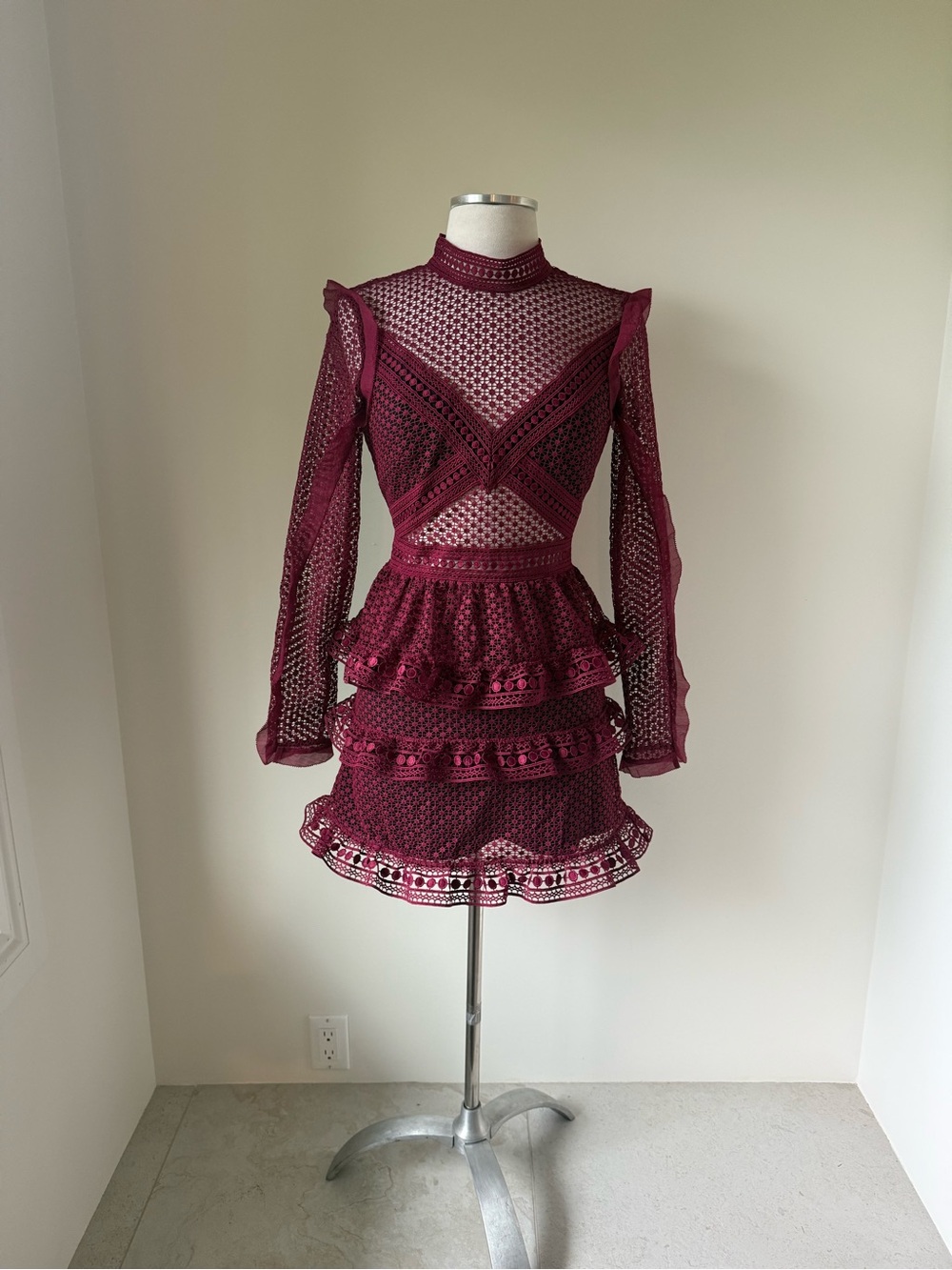 Self-Portrait Burgundy Lace Long-Sleeve Peplum Mini Dress